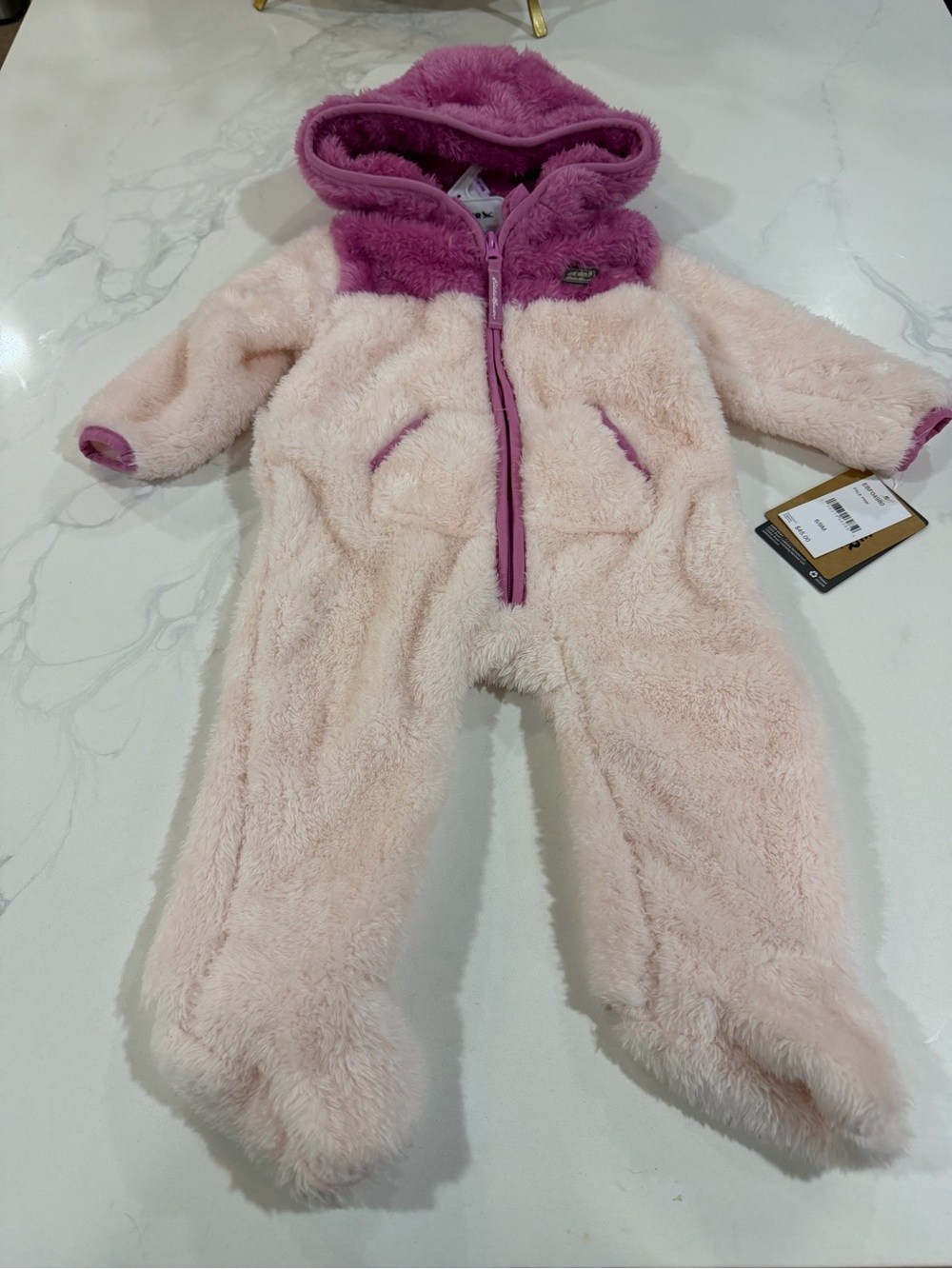 Eddie Bauer Plush Hooded Baby One-Piece in Light Pink and Magenta 6-9 months